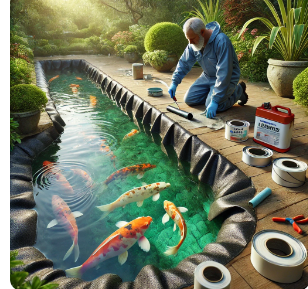 A person working on the installation of a koi pond with koi fish swimming in the clear water, surrounded by plants and pond materials.